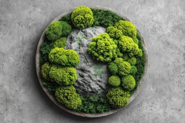 Circular moss art piece on a grey concrete surface