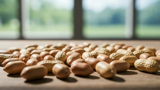 Close Up Of Shelled And Unshelled Peanuts On Wooden Table With Blurred Natural Background