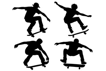 Obraz premium Four skateboarders in silhouette performing various tricks against an isolated backdrop, capturing dynamic motion and action