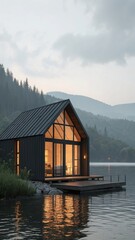 Obraz premium Modern lakeside cabin with warm interior lights reflecting on calm water