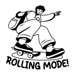 A glyph sticker of a skating character with rolling mode typography 