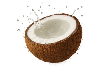 Coconut water splashing into half coconut on transparent background
