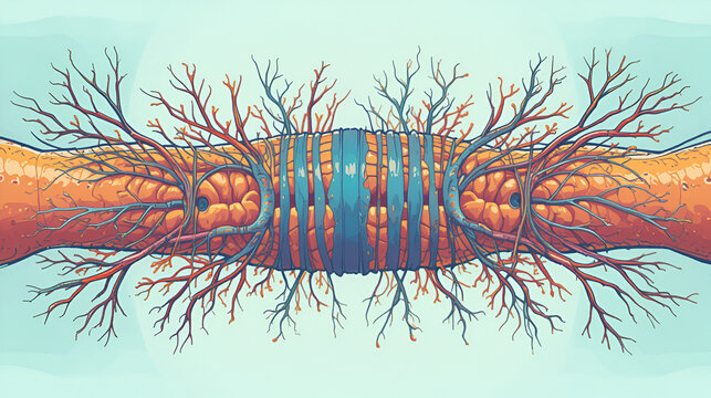 A stylized illustration of a nerve bundle, showing parallel axons and branching nerve endings. It represents neural pathways, communication, and the nervous system's structure.