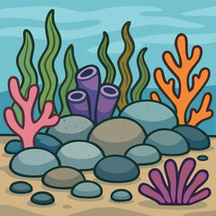 Seabed with rounded sea stones surrounded with seaweed and corals. Vibrant vector illustration