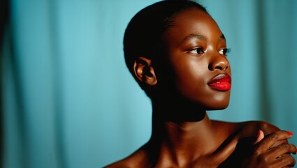 Portrait of african american woman with red lipstick and flawless skin skincare model