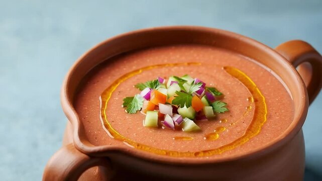 Gazpacho Soup in a Ceramic Bowl with Garnish and Olive Oil on Blue Background
