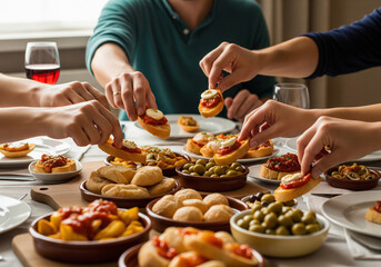 Hands reaching for shared tapas on dinner table