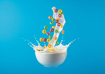 Floating cereal and milk in freeze frame against blue background