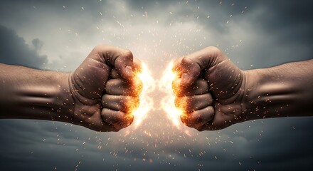 Two fists colliding with fiery energy. Strong contrast, suggesting confrontation, impact, power, and possibly a contest or challenge. Cloudy background.