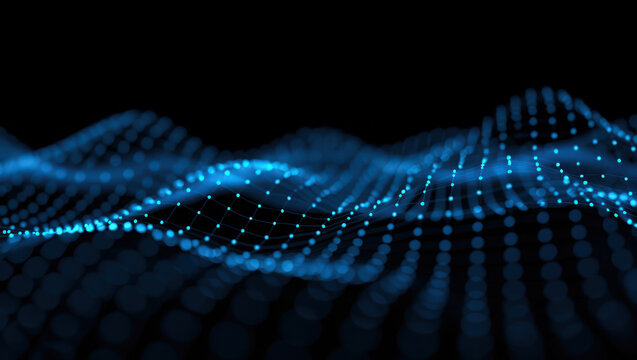 Abstract Blue Data Network: A Dynamic Visualization of Interconnected Nodes and Lines Forming a Wavy Surface Against a Dark Background, Representing Connectivity