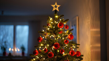 Illuminated Evergreen: A Festive Tree Adorned with Red Ornaments and a Shining Star, Casting a Warm Glow in a Cozy Room, Evoking the Spirit of the Season