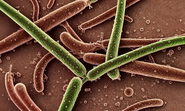 Microscopic Image Of Rod Shaped Bacteria In Various Shades Of Brown And Green Against Textured Background