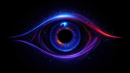 Abstract Eye Design with Vibrant Blue and Purple Light Streaks Emanating from the Iris, Creating a Mesmerizing and Futuristic Visual Experience