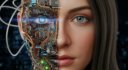 Cyborg Woman Half Face Portrait Futuristic Technology Artificial Intelligence Concept