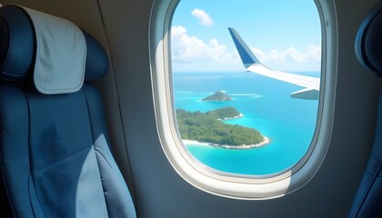 commercial airplane window seat with a clear view outside showing the ocean and tropical islands below