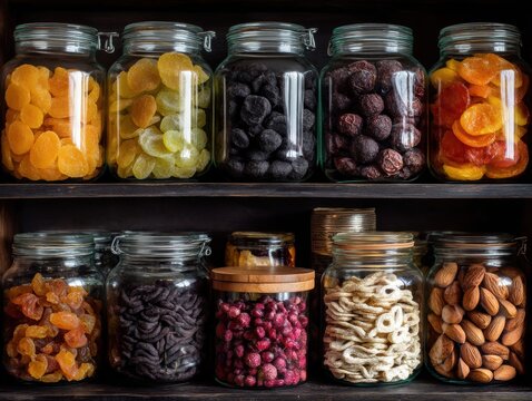 Colorful Assortment of Dried Fruits and Nuts in Jars on Shelves - Powered by Adobe