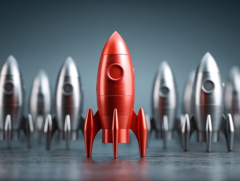 Retro Red Rocket Surrounded by Silver Rockets on Dark Background