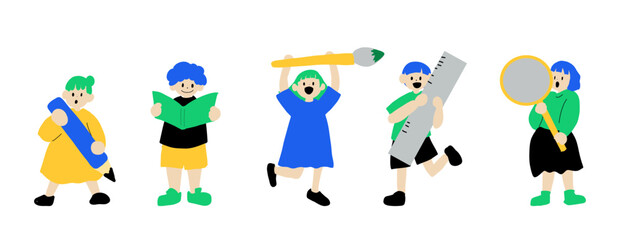 Happy Creative Kids Holding Art Tools Vector Illustration　 set