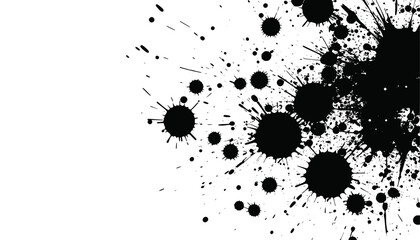 Abstract black paint splatters on a white background. Ideal for artistic projects, backgrounds, textures, prints, or creative design applications.