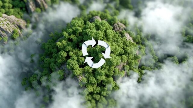 White recycling symbol over aerial forest view with mist. Sustainability and eco awareness slow motion animated background.