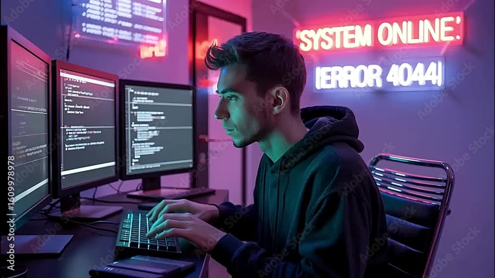 Wall mural a programmer intensely focused on coding, illuminated by neon lights.