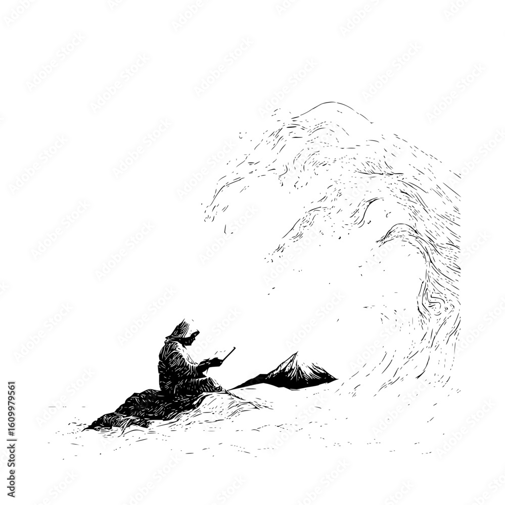 Poster tech monk reading digital book on cloud computing with mountain and wave background illustration