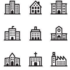 Obraz premium A set of building icons representing various architectural styles, isolated on white background