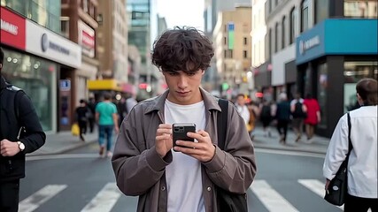 Young man using a smartphone on a busy city street.