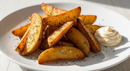 crispy potato wedges with mayonnaise on a plate