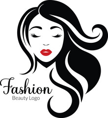 Elegant black and white illustration of a woman s face with flowing hair and red lips embodying beauty and fashion