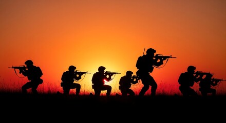Silhouetted soldiers on a field, armed and ready. Dramatic sunset background suggests conflict or intense training.