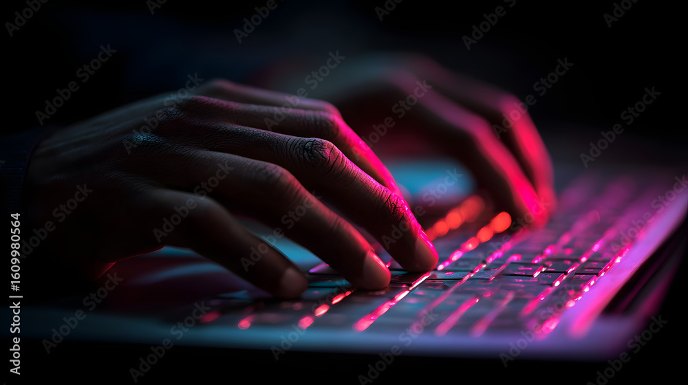 Poster typing on laptop keyboard with neon lights for coding programming and gaming with fingers close up v