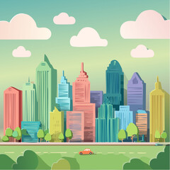 Vector Image :  A City Skyline with High Rise Buildings and Roads with Vehicles and Landscaping 15