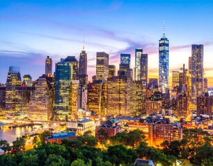 Fototapeta premium New York City skyline at twilight. City lights illuminate skyscrapers against a colorful sunset. Parkland and water are visible
