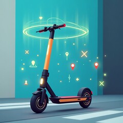 Electric scooter on a studio background with digital icons