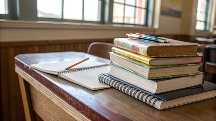 A neatly arranged stack of textbooks, notebooks, and reference books rests on a classic wooden classroom desk, capturing the quiet energy of learning and preparation