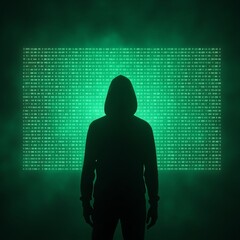 Hooded figure stands before digital screen cybersecurity concept