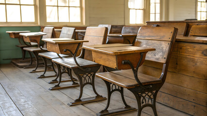 A row of classic vintage school desks and chairs arranged in an old-fashioned classroom, evoking the charm and discipline of a bygone educational era