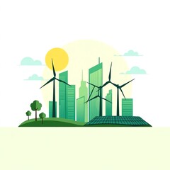 Sustainable city skyline with wind turbines and solar panels