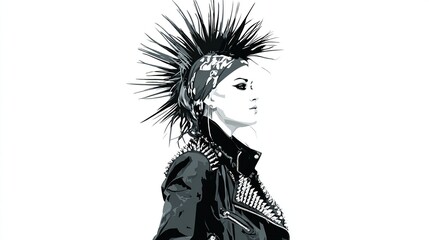 Monochrome vector portrait of a woman with a dramatic mohawk hairstyle, adorned with a bandana and studded leather jacket, gazing off to the side in a profile view against a stark white background