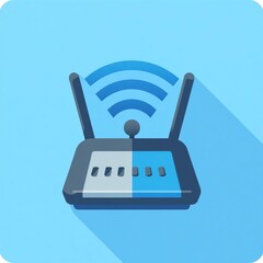 Wireless router icon with signal waves on blue background