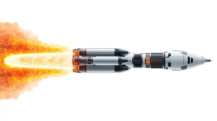 A rocket launches skyward, leaving a bright orange trail of fire and smoke against a clean white backdrop