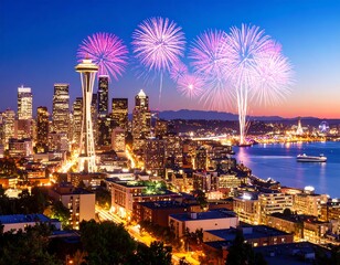 Seattle skyline at twilight, illuminated city, fireworks burst
