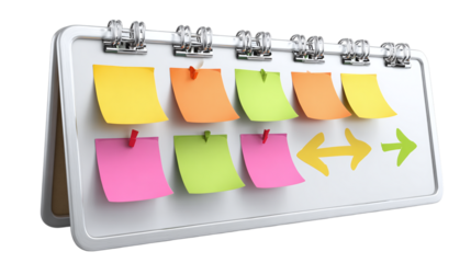 Strategy board with post-it notes and planning arrows isolated on transparent background 