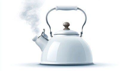 Steaming kettle. Silver accents and a white, glossy finish. Brown handle detail