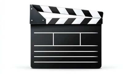 A glossy, black and white film clapperboard, angled, with open top, against a pure white background