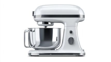 A sleek, white stand mixer with a stainless steel bowl and dark gray accents.  It features a tilting head and control knobs