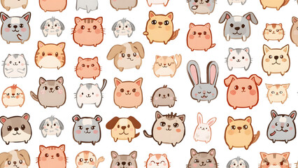 Obraz premium Cute cartoon animals, cats, dogs, rabbits, and birds, in a repeating pattern on a white background.