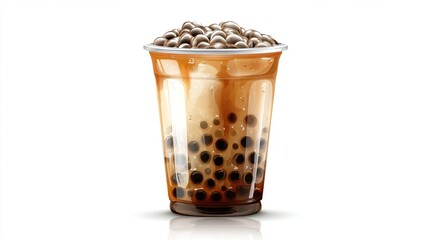 A close-up of a plastic cup filled with a layered, milky brown beverage and tapioca pearls, isolated