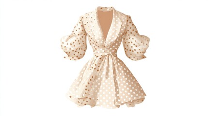 Beige polka dot wrap dress with puffed sleeves